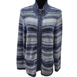 L.L. Bean Womens Striped Sweater Cardigan Large Full Zip 100% Cotton Cottagecore